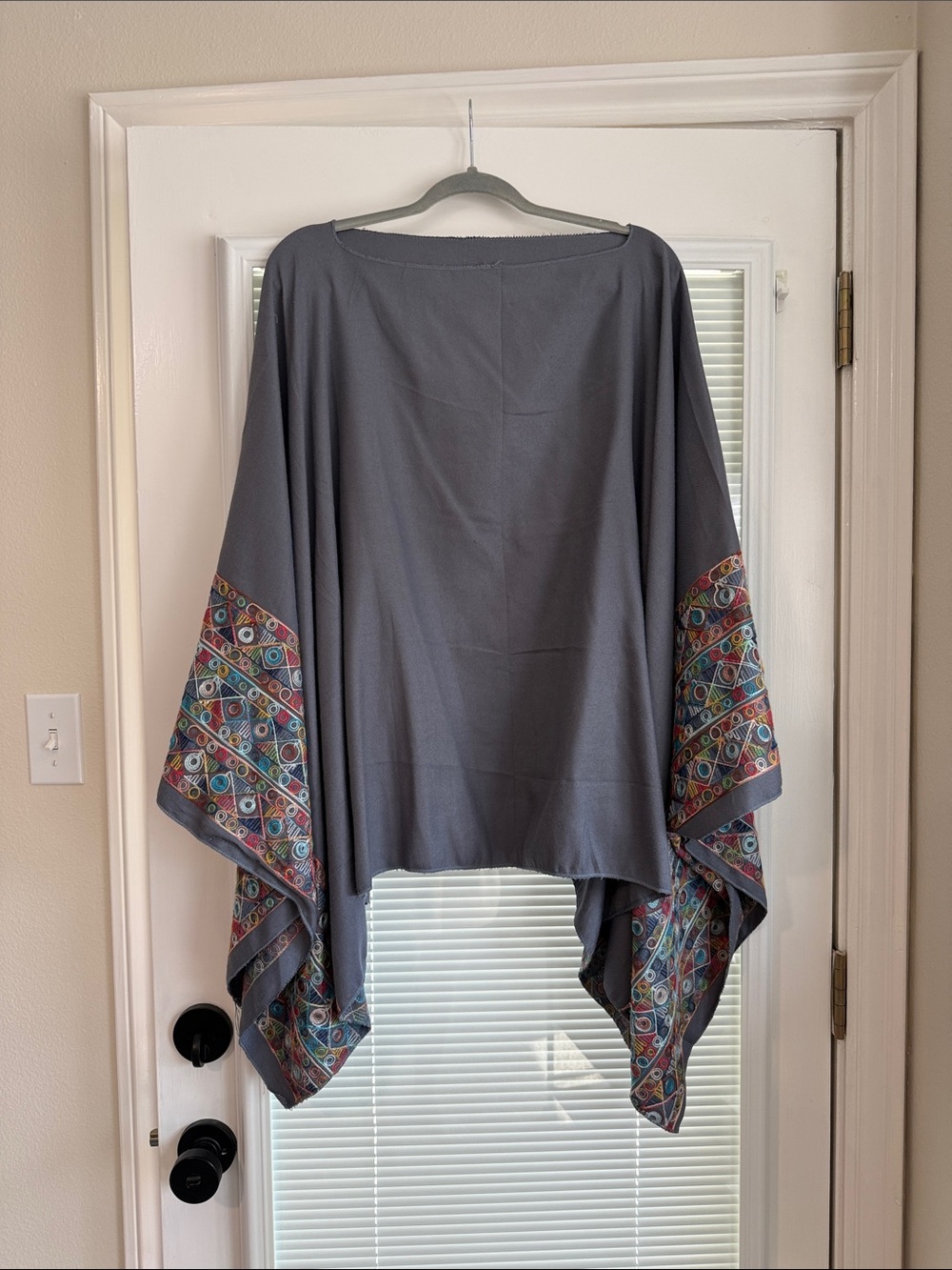 Gray Embroidered-Sleeve Poncho